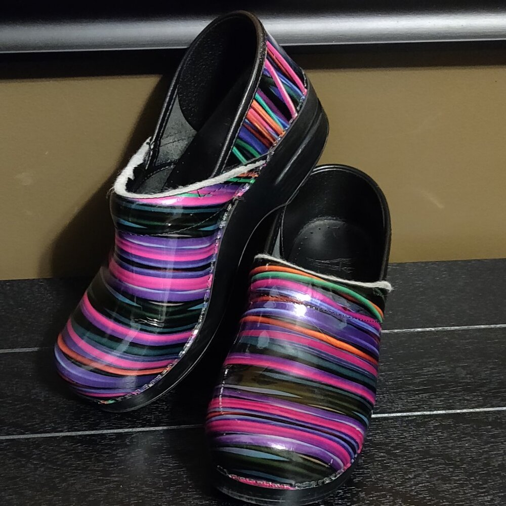 Dansko Patent Leather Neon Paint Swirl Clogs Women SIZE EU 38/US 7.5-8